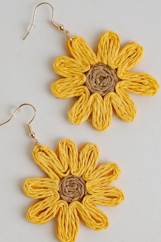 FINAL SALE - Audrey Yellow Straw Sunflower Statement Earrings