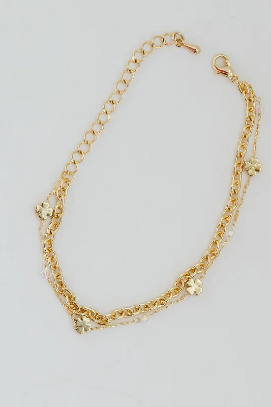 Sparkle More For Less – Jewelry Sale Happening Now FINAL SALE - Bridget Gold Four Leaf Clover Layered Chain Bracelet Sparkle More For Less – Jewelry Sale Happening Now FINAL SALE - Bridget Gold Four Leaf Clover Layered Chain Bracelet