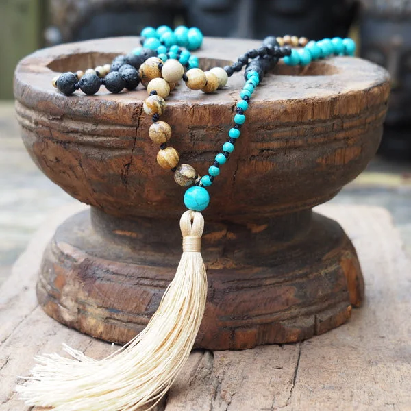 Lava, Jasper, Turquoise Handgeknoopte Mala