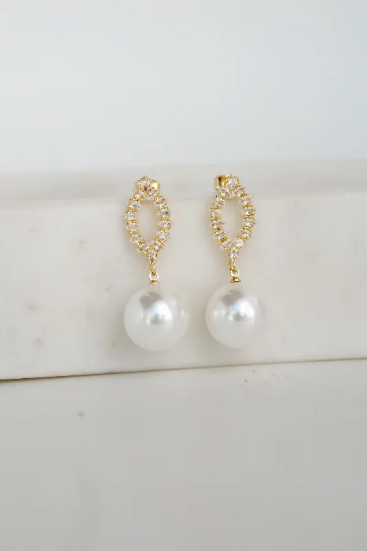 Lena White Rhinestone Pearl Drop Earrings