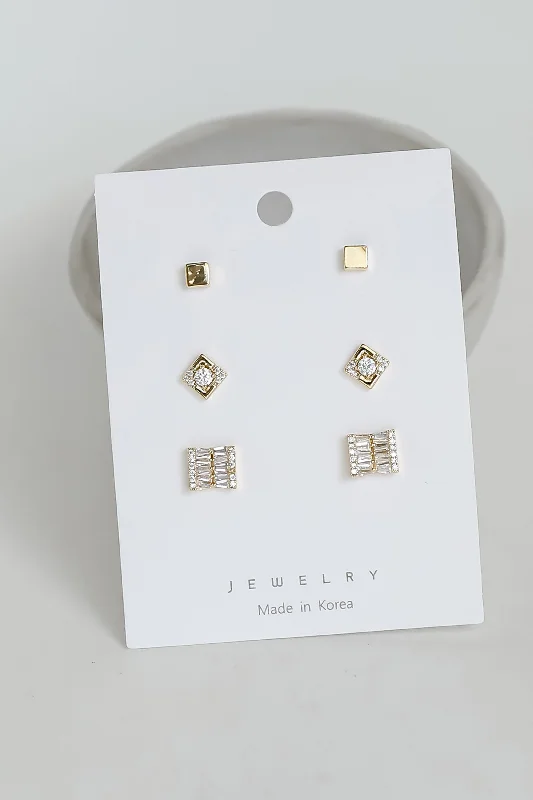 Lucy Gold Rhinestone Stud Earring Set