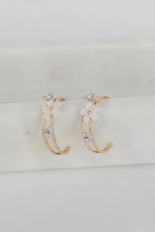 Flash Sale On Exquisite Jewelry – Don't Miss Out Rae Gold Flower + Rhinestone Hoop Earrings