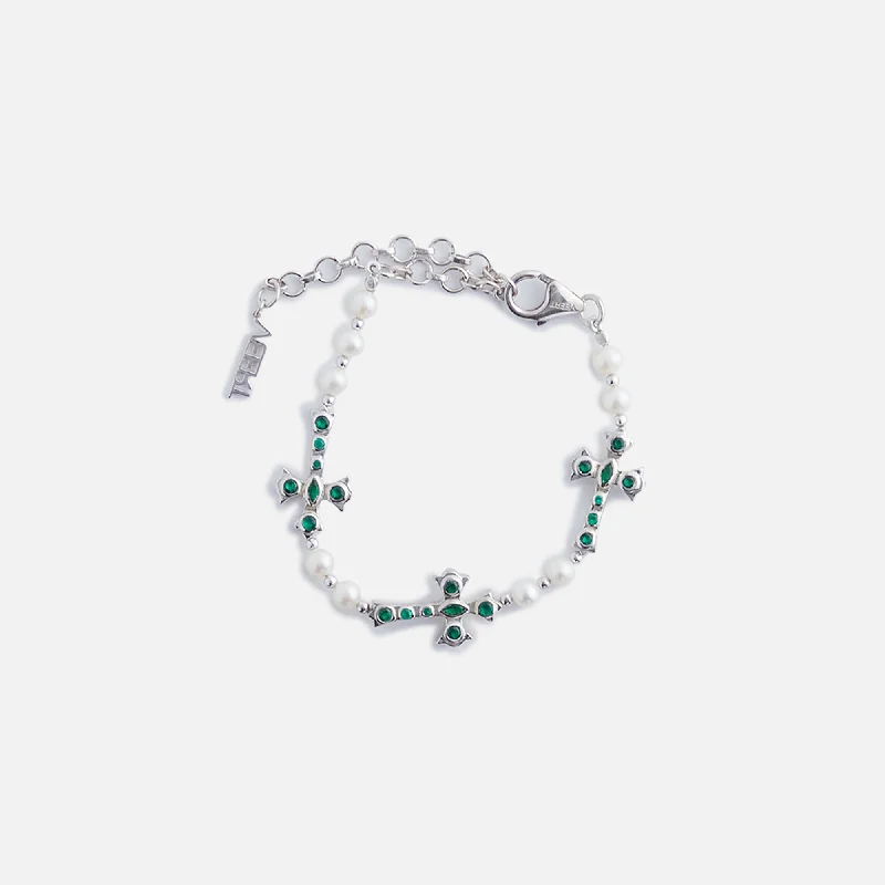 Discounted Jewelry For A Glamorous Look VEERT The Cross and Freshwater Pearl Bracelet - White Gold / Green