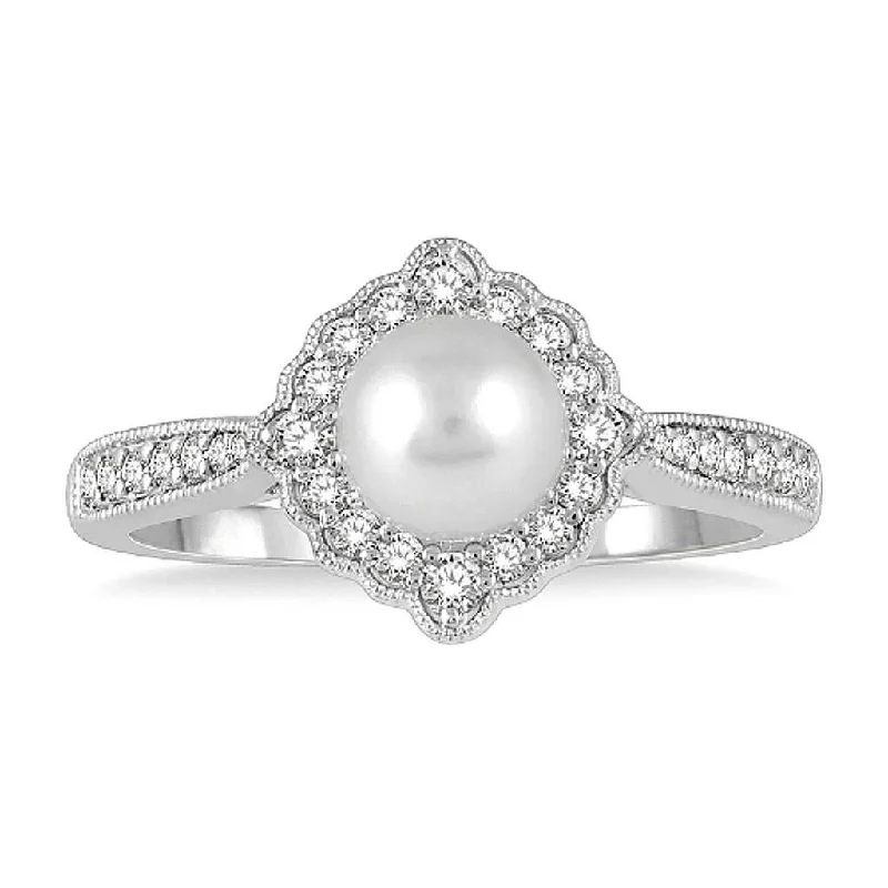 10K White Gold Vintage Inspired Pearl And Diamond Fashion Ring