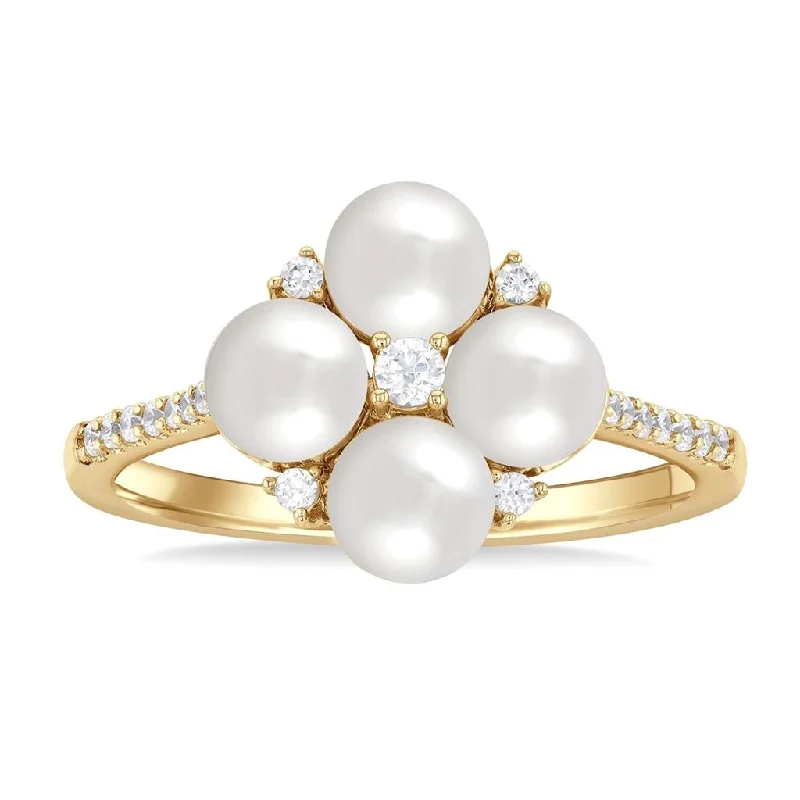 10K Yellow Gold Pearl And Diamond Flower Ring