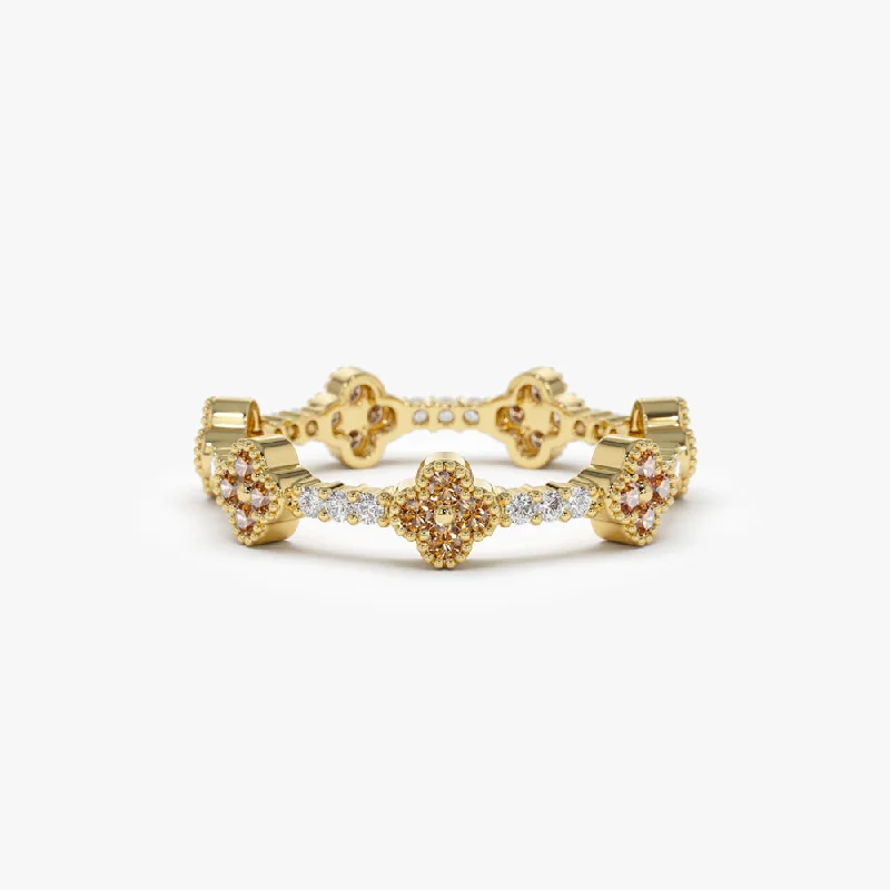 Trendy Minimalist Jewelry For Everyday Wear 14k Full Eternity Clover Citrine and Diamond Ring Trendy Minimalist Jewelry For Everyday Wear 14k Full Eternity Clover Citrine and Diamond Ring