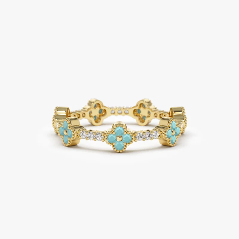Final Call For Exquisite Jewelry At Reduced Rates 14k Full Eternity Clover Turquoise and Diamond Ring Final Call For Exquisite Jewelry At Reduced Rates 14k Full Eternity Clover Turquoise and Diamond Ring