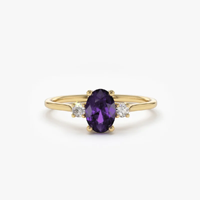 Chic And Stylish Jewelry At Discounted Prices 14K Gold Oval Shape Amethyst and Diamond 3 Stone Ring Chic And Stylish Jewelry At Discounted Prices 14K Gold Oval Shape Amethyst and Diamond 3 Stone Ring