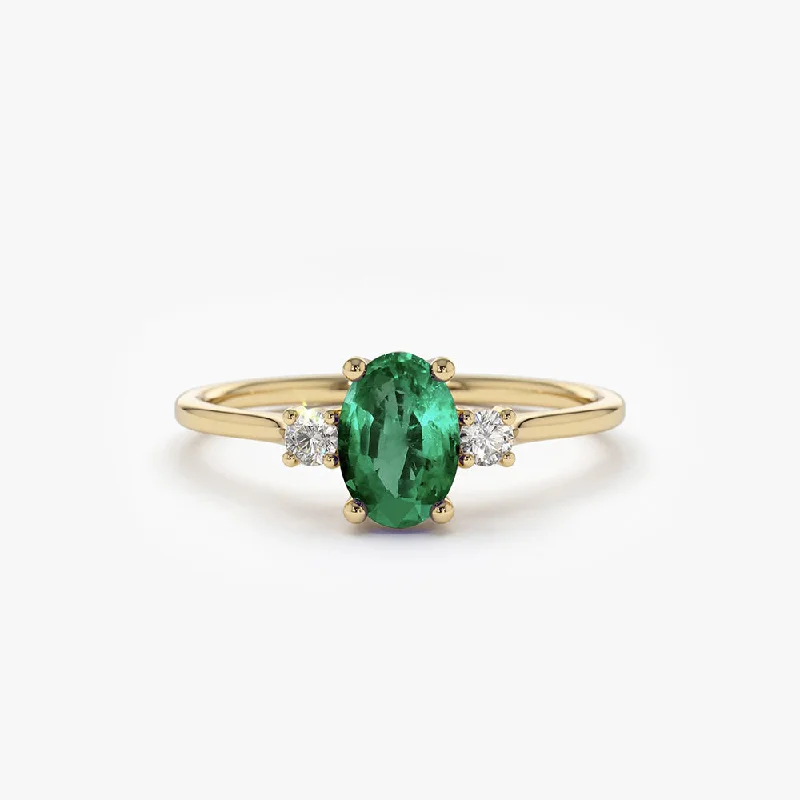 Modern Statement Jewelry For Bold Styling 14k Oval Shape Emerald and Diamond 3 Stone Ring Modern Statement Jewelry For Bold Styling 14k Oval Shape Emerald and Diamond 3 Stone Ring