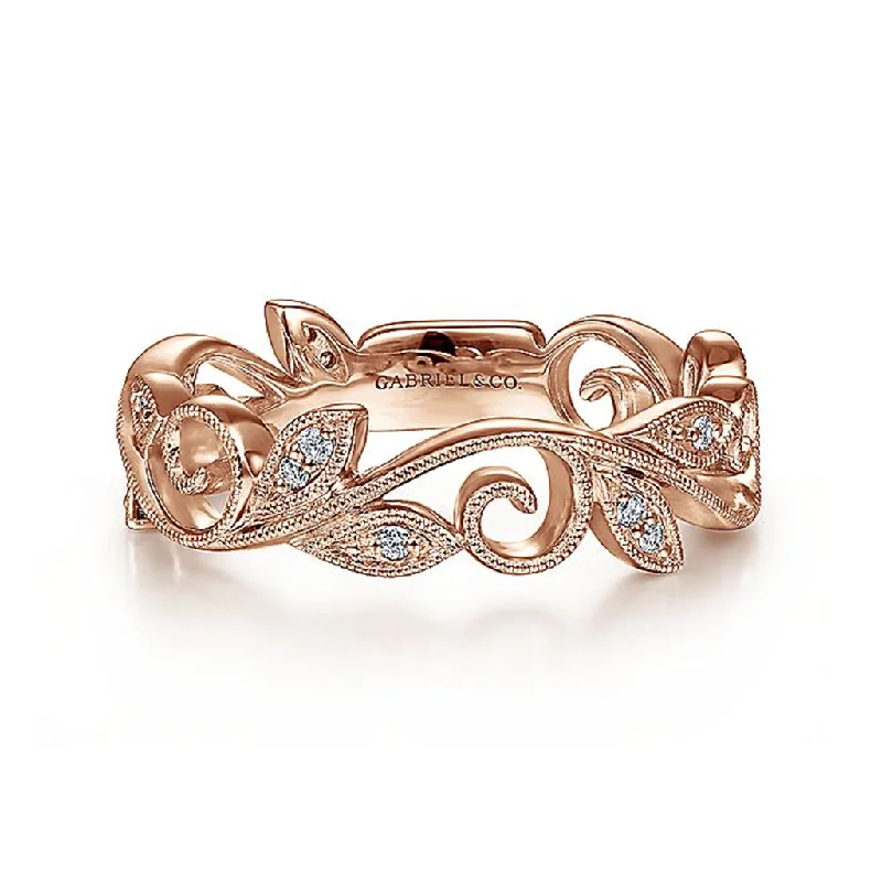 14K Rose Gold Scrolling Floral Diamond Ring