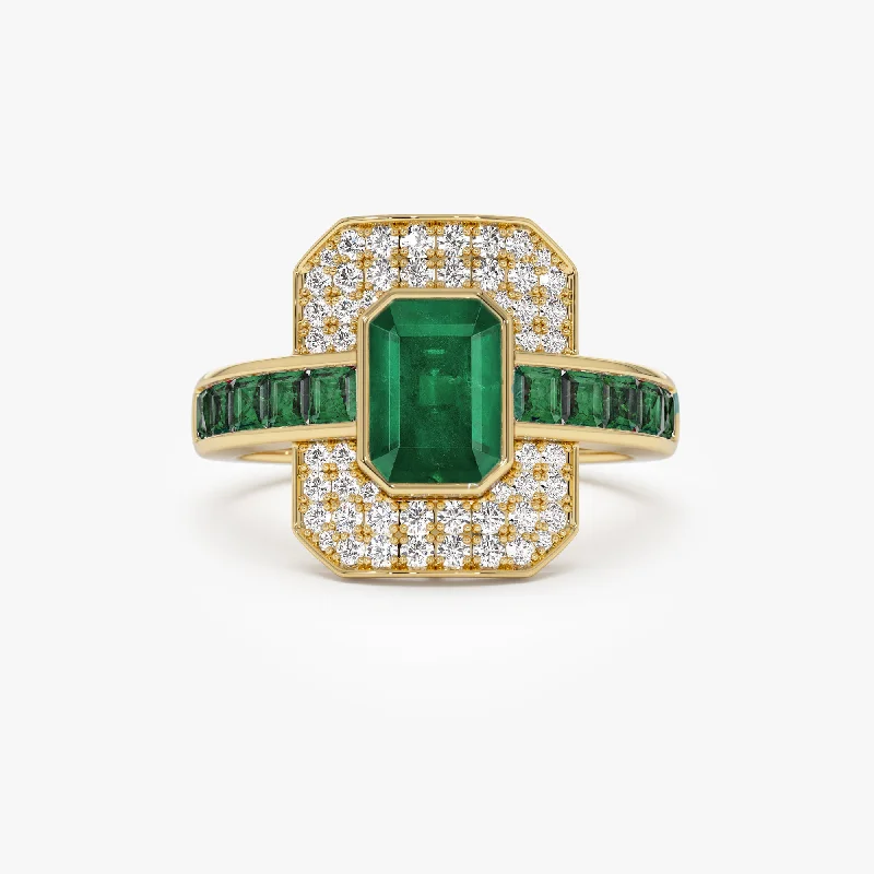 14k Unique Emerald and Diamond Art Deco Ring