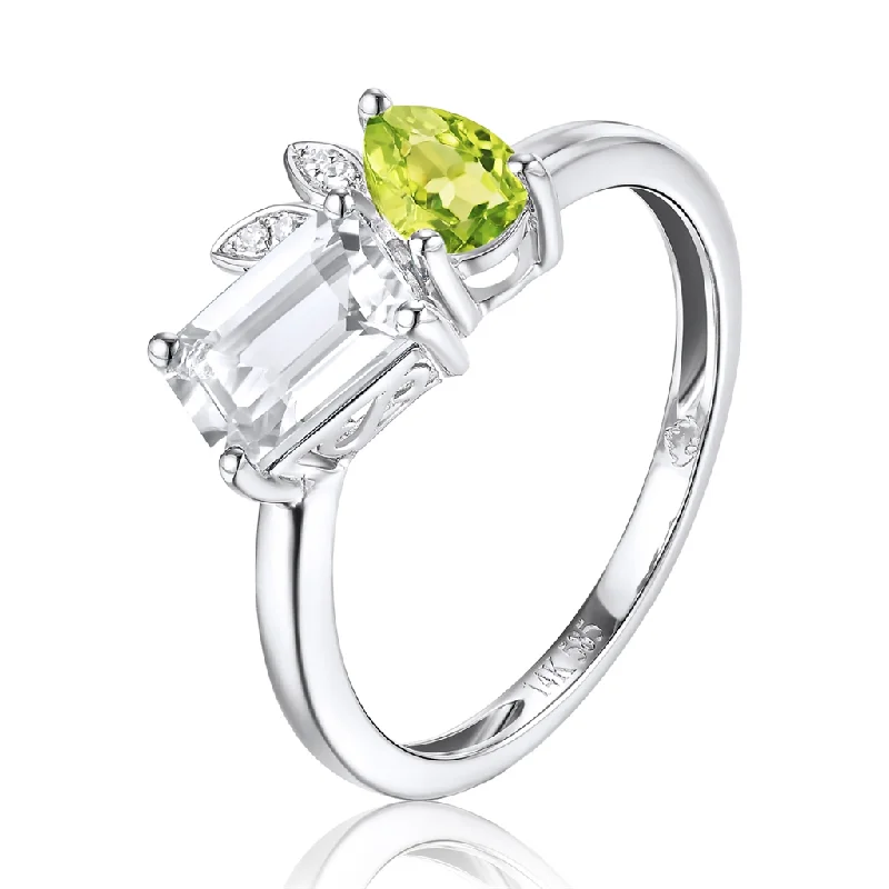 14K White Gold Peridot, White Topaz And Diamond Toi Et Moi Ring