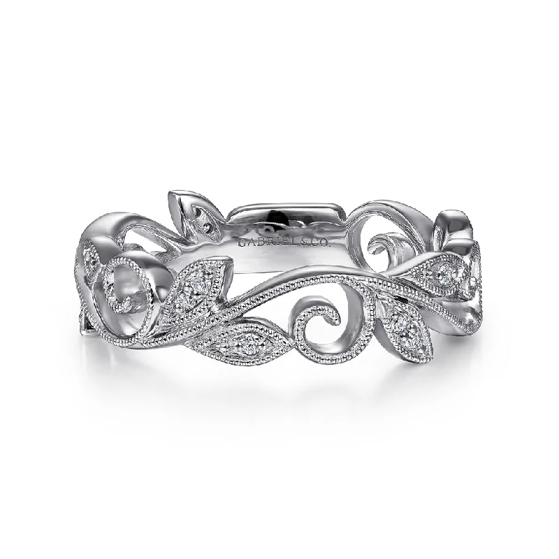 Don't Miss Out On Bestselling Jewelry At Special Prices 14K White Gold Scrolling Floral Diamond Stackable Ring