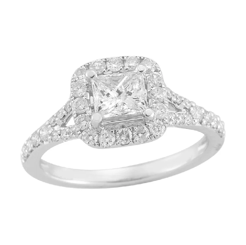 14K White Gold 0.42Ct Princess Diamond Split Shank Halo Engagement Ring