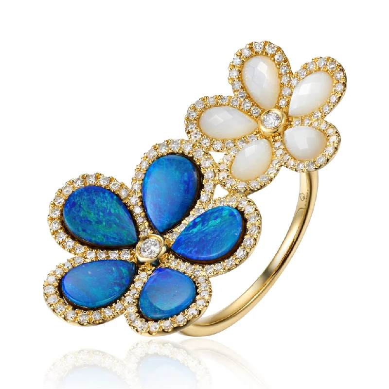 14K Yellow Gold Opal And Mother Of Pearl Flower Cocktail Ring