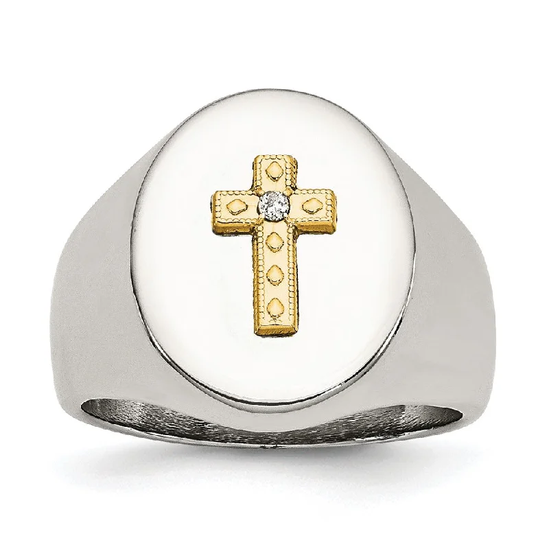 Jewelry Sale – Exclusive Styles At Lower Prices 17mm Stainless Steel 10KYG Plated Cross & .02ct Diamond Tapered Ring Jewelry Sale – Exclusive Styles At Lower Prices 17mm Stainless Steel 10KYG Plated Cross & .02ct Diamond Tapered Ring