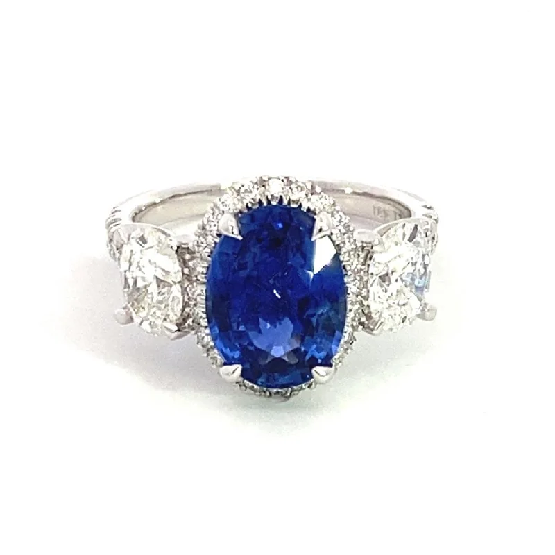 18K White Gold Three Stone Halo Sapphire Ring