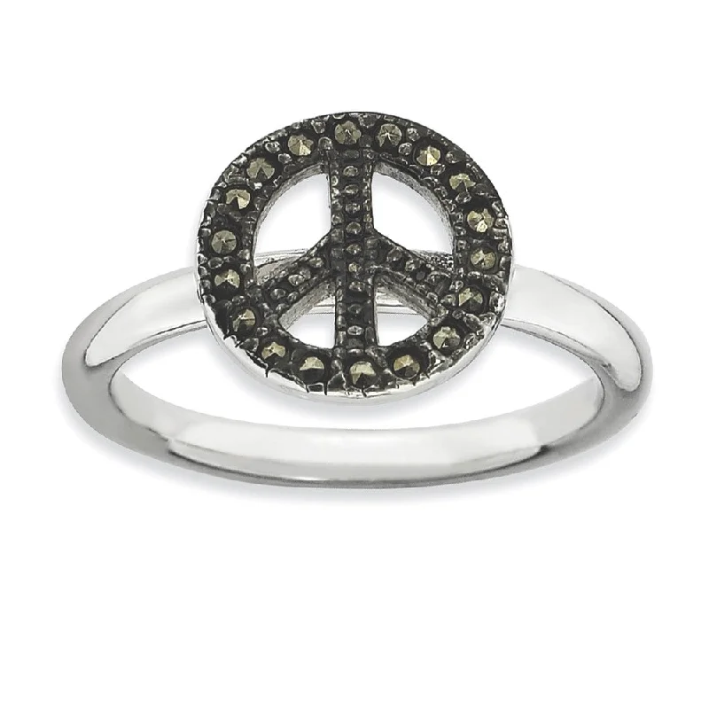 2.25mm Sterling Silver Stackable Marcasite Peace Sign Ring