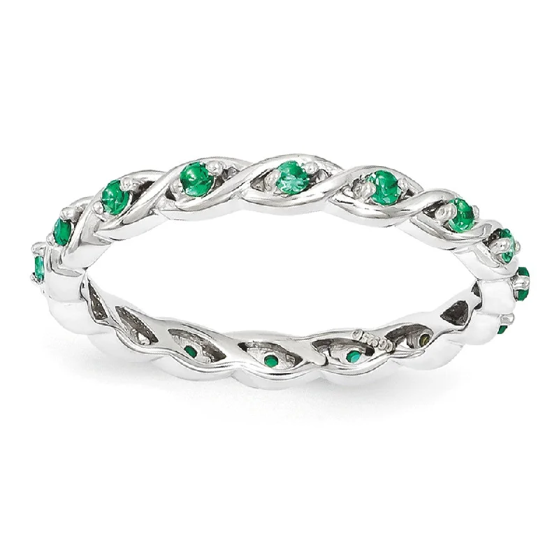 2.5mm Rhodium Sterling Silver Stackable Created Emerald Twist Band