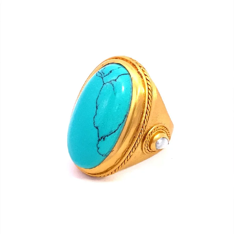 24K Yellow Gold Overlay 'Cannes' Statement Ring With Turquoise Blue Howlite