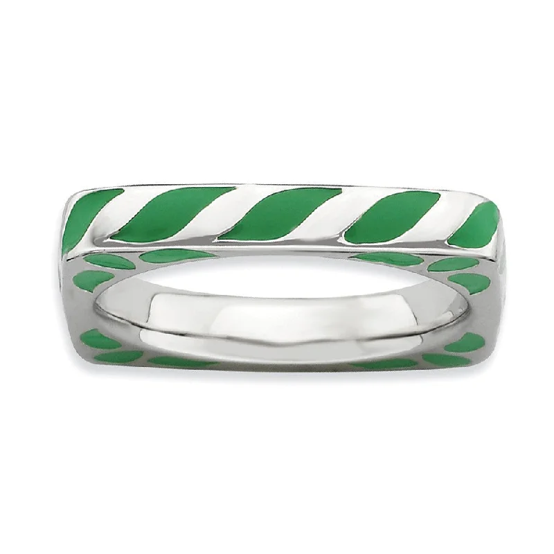 Handmade Pearl Jewelry For Timeless Elegance 3.25mm Silver and Green Enamel Stackable Square Band Handmade Pearl Jewelry For Timeless Elegance 3.25mm Silver and Green Enamel Stackable Square Band
