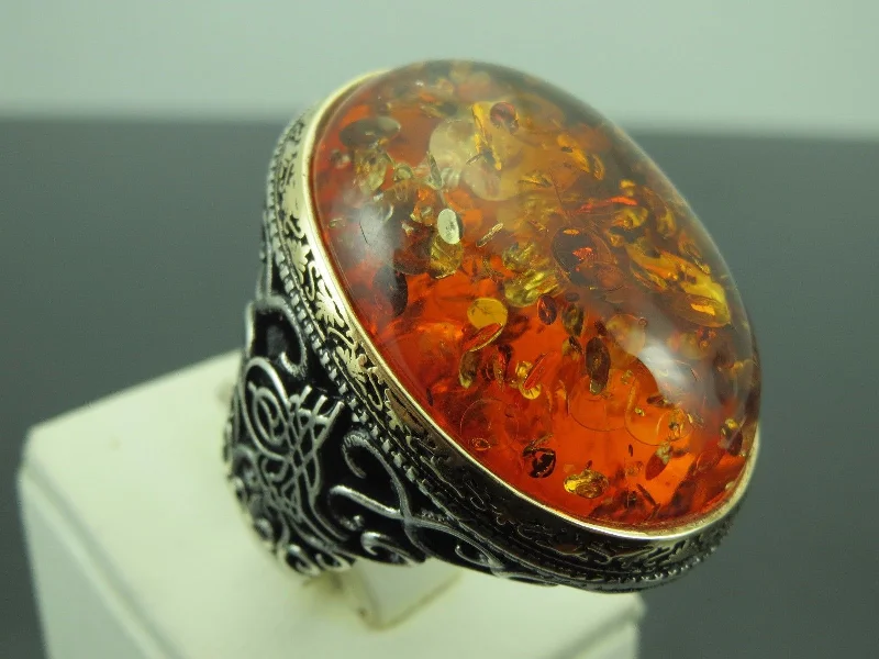 Turkish Handmade Jewelry 925 Sterling Silver Amber Stone Mens Rings