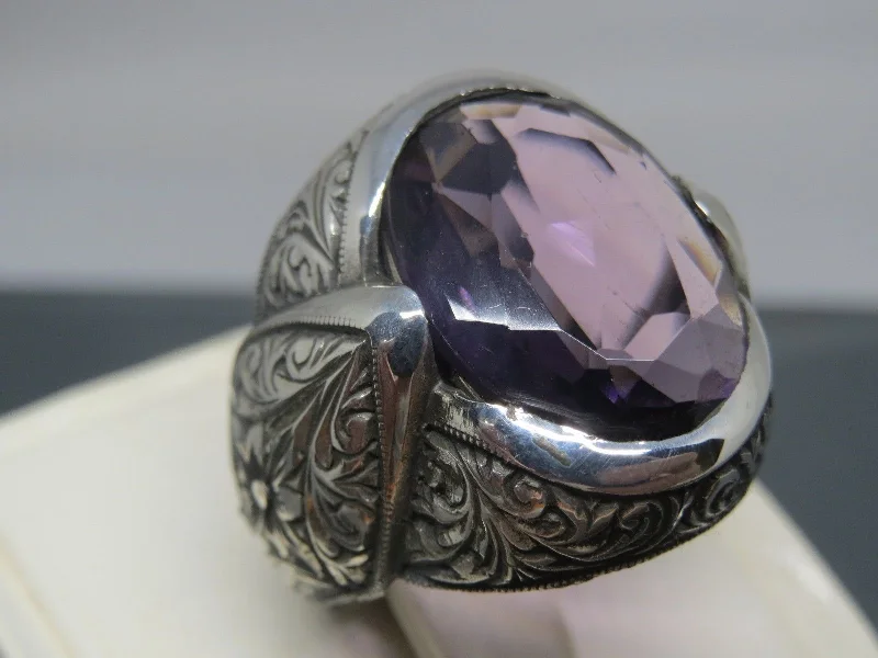 Turkish Handmade Jewelry 925 Sterling Silver Amethyst Stone Engraved Mens Rings