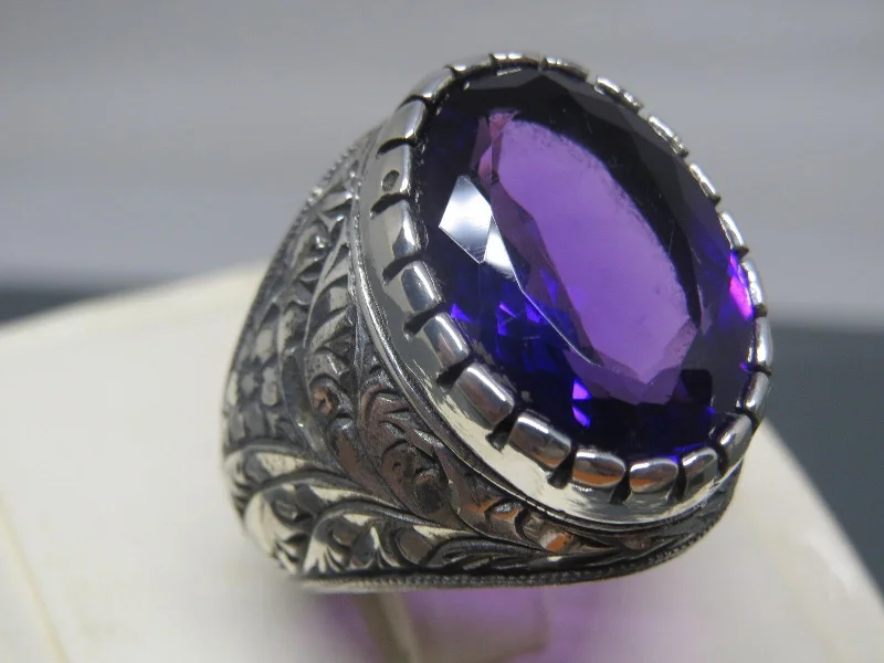 Turkish Handmade Jewelry 925 Sterling Silver Amethyst Stone Engraved Mens Rings