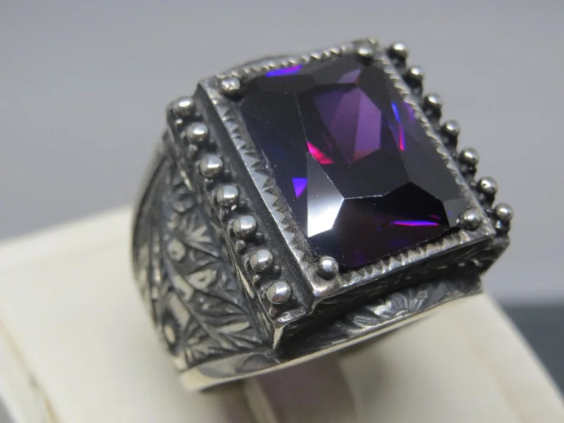 Turkish Handmade Jewelry 925 Sterling Silver Amethyst Stone Engraved Mens Rings