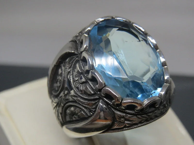 Turkish Handmade Jewelry 925 Sterling Silver Aquamarine Stone Mens Rings