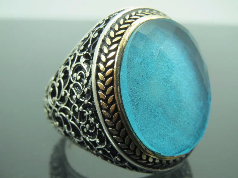 Turkish Handmade Jewelry 925 Sterling Silver Aquamarine Stone Mens Rings