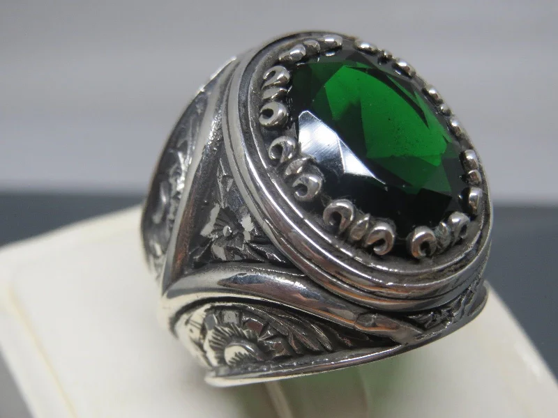 Turkish Handmade Jewelry 925 Sterling Silver Emerald Stone Engraved Mens Rings