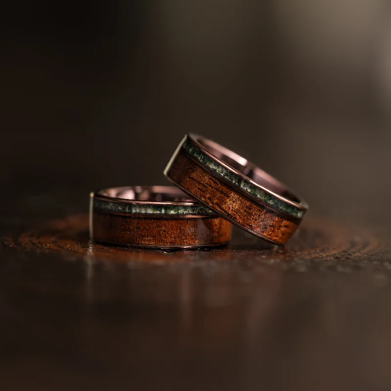 "Atlas"  Koa Wood x Moss Agate Smoked Rose Gold Tungsten Ring