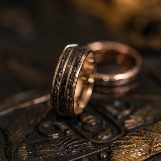 Romantic Heart-Shaped Jewelry For Special Gifts "Perseus" Rose Gold Domed Tungsten Carbide Ring- Black / Blue Dinosaur Bones and Meteorite- 6mm/8mm Romantic Heart-Shaped Jewelry For Special Gifts "Perseus" Rose Gold Domed Tungsten Carbide Ring- Black / Blue Dinosaur Bones and Meteorite- 6mm/8mm