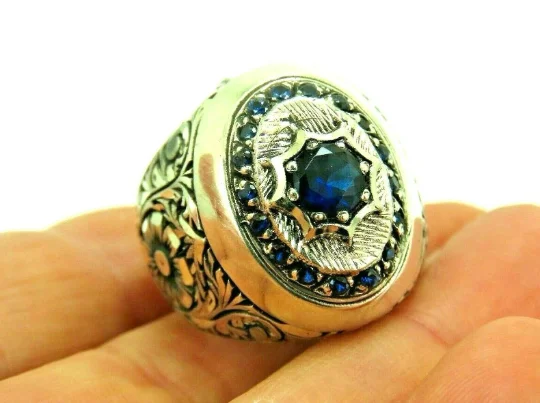 Shop Signature Jewelry Styles At Exclusive Prices Turkish Handmade Jewelry 925 Sterling Silver Sapphire Stone Engraved Men's Rings