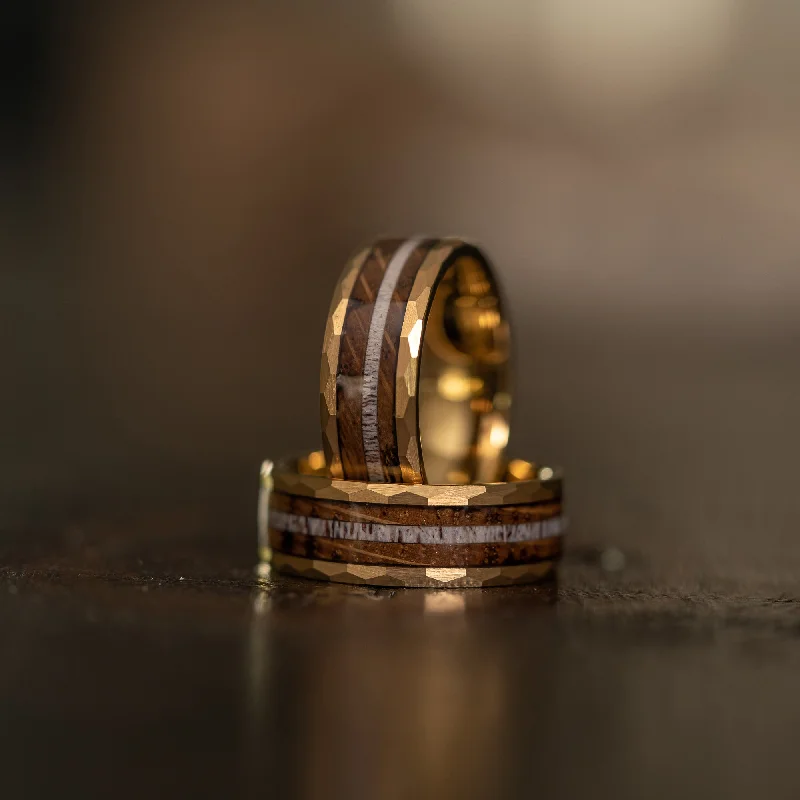 Special Deals On Handcrafted And Designer Jewelry "Zeus" Hammered Ring- with Charred Whiskey Barrel and Antler - Yellow Gold Tungsten- 6mm/8mm Special Deals On Handcrafted And Designer Jewelry "Zeus" Hammered Ring- with Charred Whiskey Barrel and Antler - Yellow Gold Tungsten- 6mm/8mm
