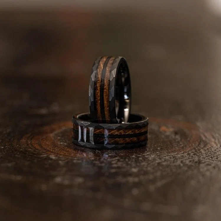 Fashion-Forward Geometric Jewelry For Contemporary Style "Zeus" Hammered Ring- Black with Charred Whiskey Barrel and Guitar String Fashion-Forward Geometric Jewelry For Contemporary Style "Zeus" Hammered Ring- Black with Charred Whiskey Barrel and Guitar String