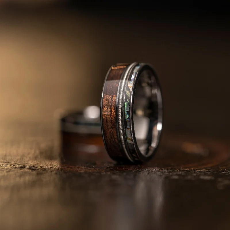 The Jewelry Sale You've Been Waiting For Is Here "Dionysus" Hawaiian Koa Wood x Abalone x Guitar String Ring- Gunmetal Tungsten The Jewelry Sale You've Been Waiting For Is Here "Dionysus" Hawaiian Koa Wood x Abalone x Guitar String Ring- Gunmetal Tungsten