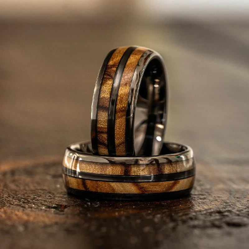 Limited-Stock Jewelry Clearance – Grab Your Favorites Now "Dionysus" Olive Wood Double Barrel Gunmetal Tungsten Ring Limited-Stock Jewelry Clearance – Grab Your Favorites Now "Dionysus" Olive Wood Double Barrel Gunmetal Tungsten Ring