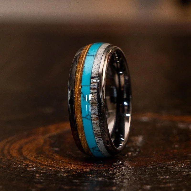Unmissable Deals On Handmade Jewelry Collections "Dionysus" Whisky Barrel x Turquoise x Naturally Shed Antler Gunmetal Tungsten Ring- Domed Unmissable Deals On Handmade Jewelry Collections "Dionysus" Whisky Barrel x Turquoise x Naturally Shed Antler Gunmetal Tungsten Ring- Domed