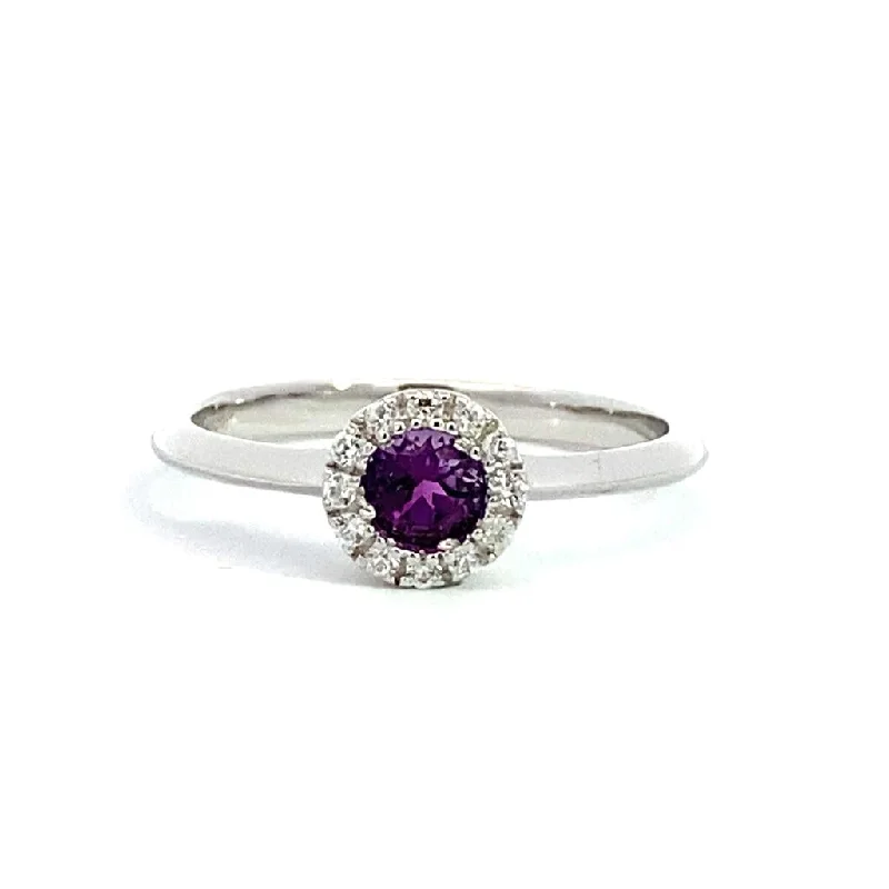 February Birthstone Ring: Sterling Silver Amethyst Halo Ring