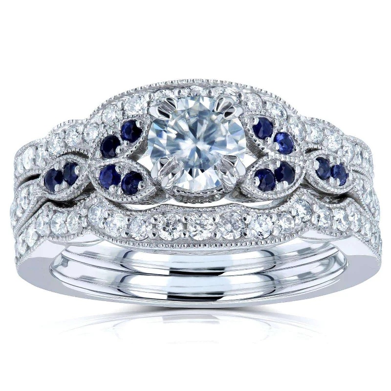 Accessorize For Less – Luxury Jewelry At Affordable Prices Floral Round Moissanite Double Band Bridal Set with Diamond and Sapphire 1 CTW 14k White (DEF/VS, GH/I, Blue) Accessorize For Less – Luxury Jewelry At Affordable Prices Floral Round Moissanite Double Band Bridal Set with Diamond and Sapphire 1 CTW 14k White (DEF/VS, GH/I, Blue)