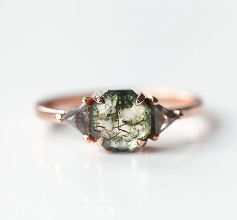 Jewelry Clearance Event – Stock Up Before It's Over Sasha Octagon Moss Agate & Salt Pepper Diamond Ring