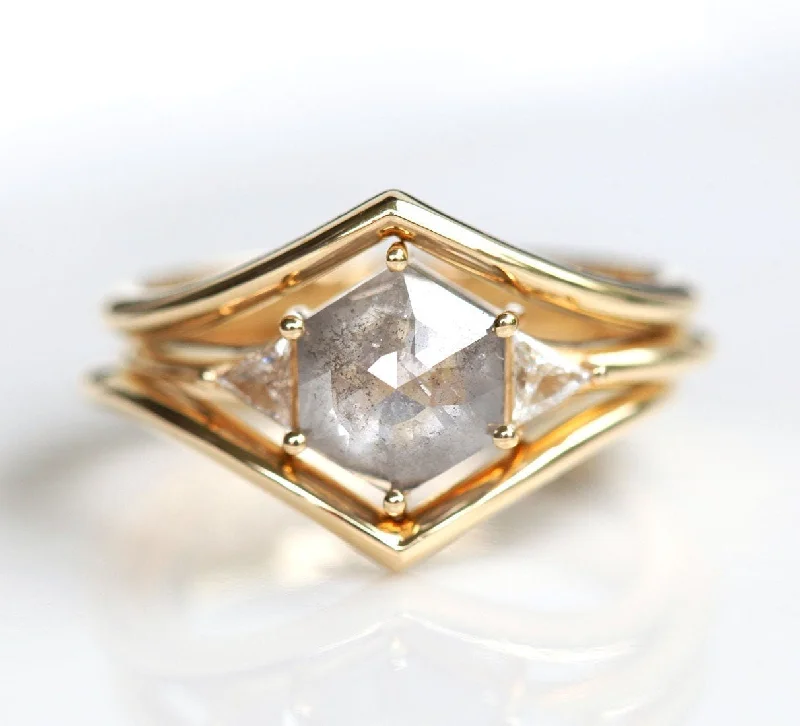 Last Chance To Shop High-End Jewelry At Markdown Prices Grey Hexagon Diamond Ring Set With Side Triangle Diamonds, Hexagon Diamond Engagement Ring Set, 14K 18K Gold Wedding Ring Set Last Chance To Shop High-End Jewelry At Markdown Prices Grey Hexagon Diamond Ring Set With Side Triangle Diamonds, Hexagon Diamond Engagement Ring Set, 14K 18K Gold Wedding Ring Set