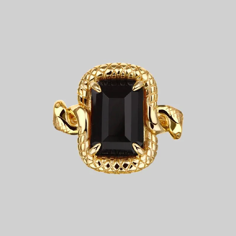 Chic, Trendy, And Affordable Jewelry Sale MALICE. Black Spinel Coiled Snake Cocktail Ring - Gold Chic, Trendy, And Affordable Jewelry Sale MALICE. Black Spinel Coiled Snake Cocktail Ring - Gold
