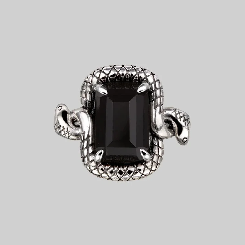 High-Quality Jewelry At A Fraction Of The Cost MALICE. Black Spinel Coiled Snake Cocktail Ring - Silver High-Quality Jewelry At A Fraction Of The Cost MALICE. Black Spinel Coiled Snake Cocktail Ring - Silver