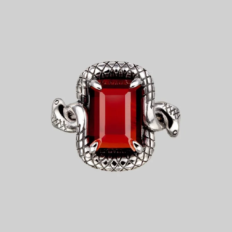 Unmissable Jewelry Sale – Shop Before It's Too Late MALICE. Garnet CZ Coiled Snake Cocktail Ring - Silver Unmissable Jewelry Sale – Shop Before It's Too Late MALICE. Garnet CZ Coiled Snake Cocktail Ring - Silver