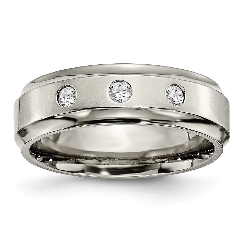 Exclusive Jewelry Markdowns – Limited-Time Offer Mens 7mm Titanium 1/5ctw Diamond 3 Stone Ridged Edge Standard Fit Band Exclusive Jewelry Markdowns – Limited-Time Offer Mens 7mm Titanium 1/5ctw Diamond 3 Stone Ridged Edge Standard Fit Band
