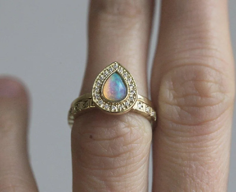 Opal Wedding Ring Set, Halo Opal Ring