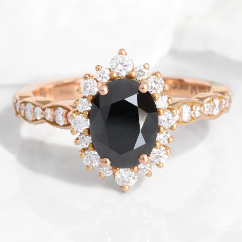The Ultimate Jewelry Sale – Exclusive Styles At Great Prices Oval Black Diamond Engagement Ring in Tiara Halo Diamond Scalloped Band The Ultimate Jewelry Sale – Exclusive Styles At Great Prices Oval Black Diamond Engagement Ring in Tiara Halo Diamond Scalloped Band